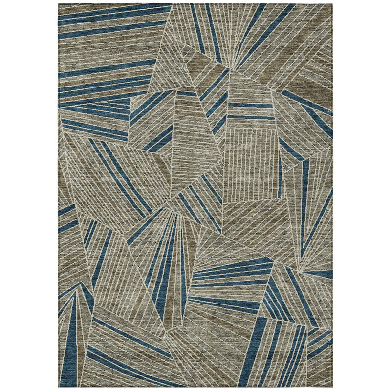 10' X 14' Taupe Blue And Beige Geometric Washable Indoor Outdoor Area Rug