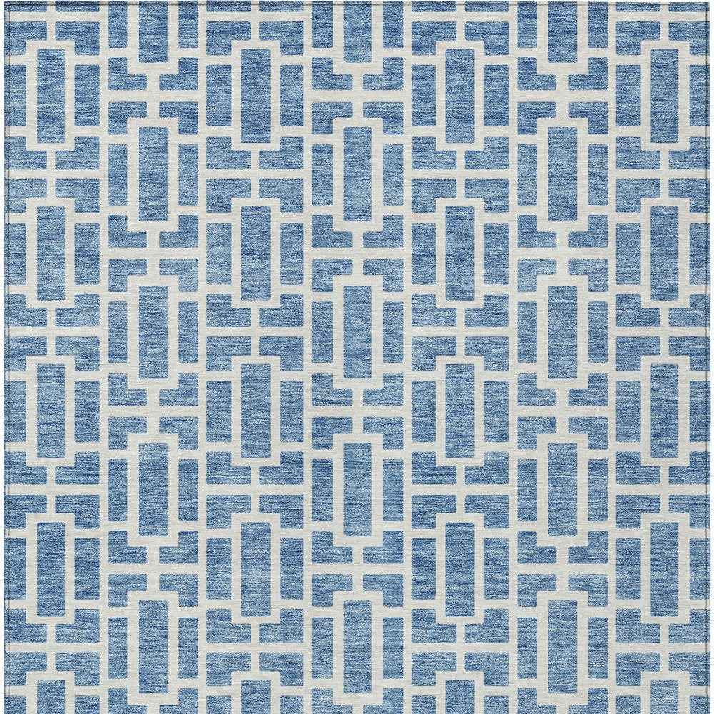 3' X 5' Denim Blue And Ivory Geometric Washable Indoor Outdoor Area Rug