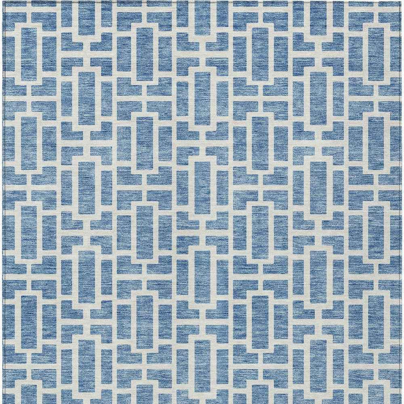 3' X 5' Denim Blue And Ivory Geometric Washable Indoor Outdoor Area Rug