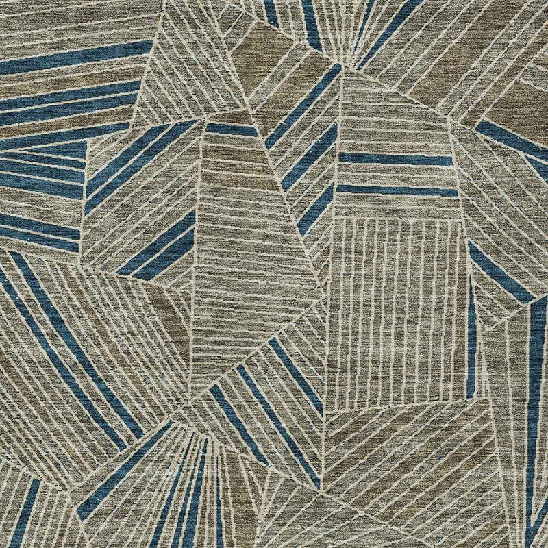 10' X 14' Taupe Blue And Beige Geometric Washable Indoor Outdoor Area Rug