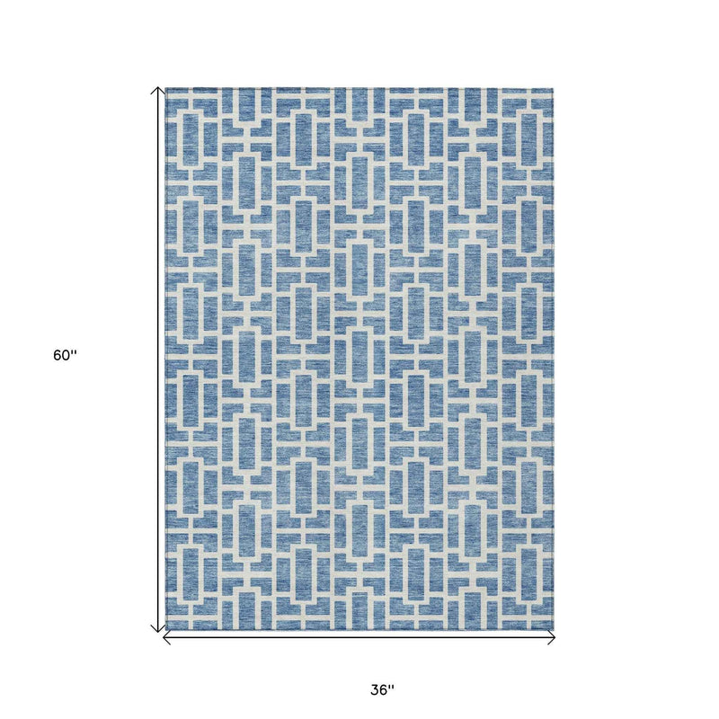 3' X 5' Denim Blue And Ivory Geometric Washable Indoor Outdoor Area Rug