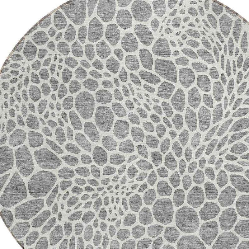 8' Gray And Ivory Round Geometric Washable Indoor Outdoor Area Rug