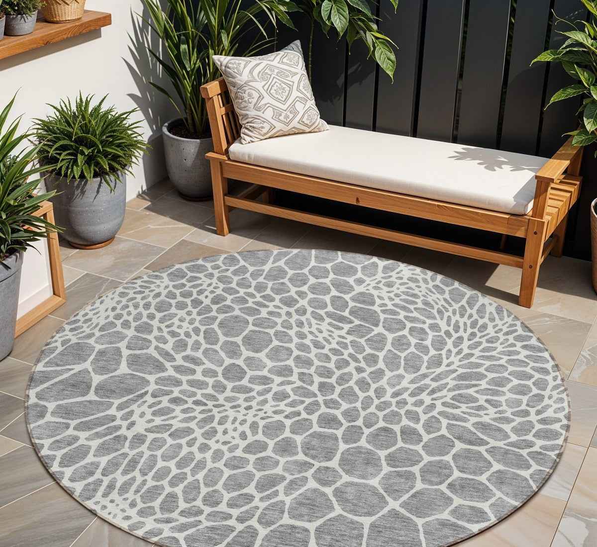 8' Gray And Ivory Round Geometric Washable Indoor Outdoor Area Rug
