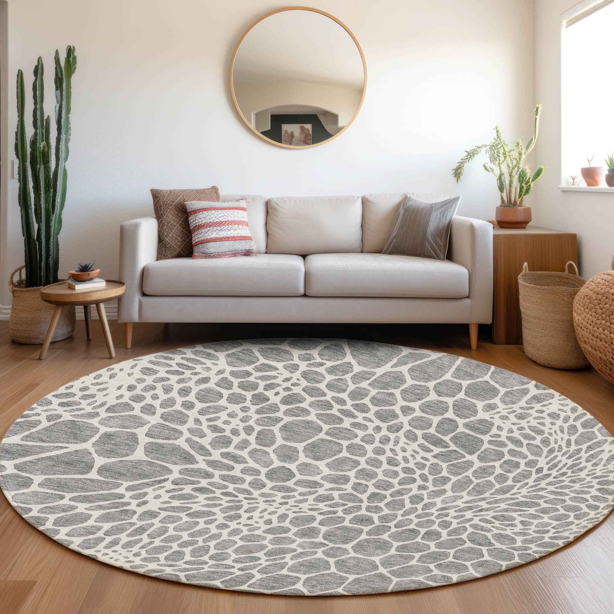 8' Gray And Ivory Round Geometric Washable Indoor Outdoor Area Rug