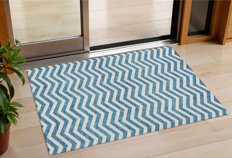 3' X 5' Teal Blue And Ivory Chevron Washable Indoor Outdoor Area Rug