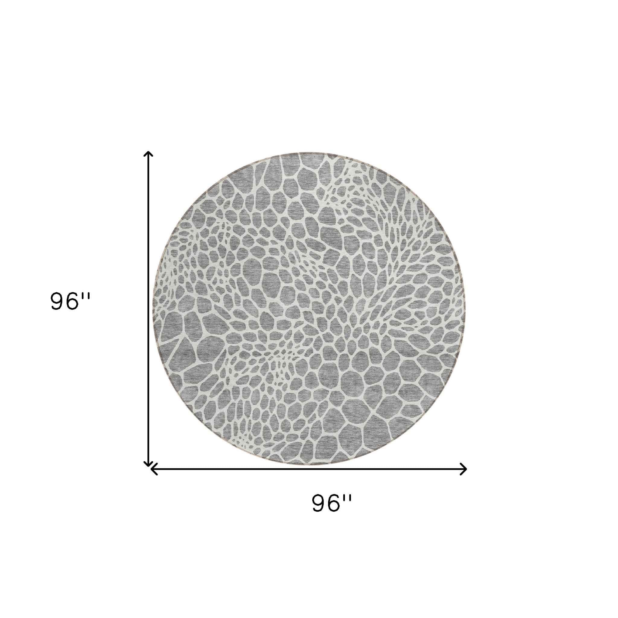 8' Gray And Ivory Round Geometric Washable Indoor Outdoor Area Rug