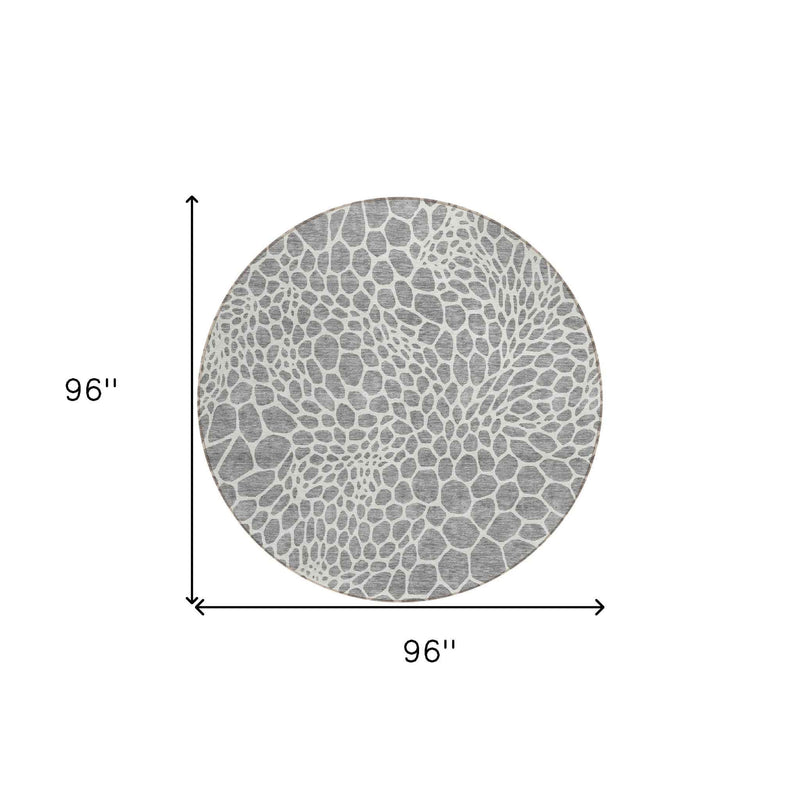 8' Gray And Ivory Round Geometric Washable Indoor Outdoor Area Rug