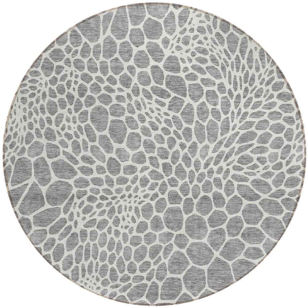 8' Gray And Ivory Round Geometric Washable Indoor Outdoor Area Rug