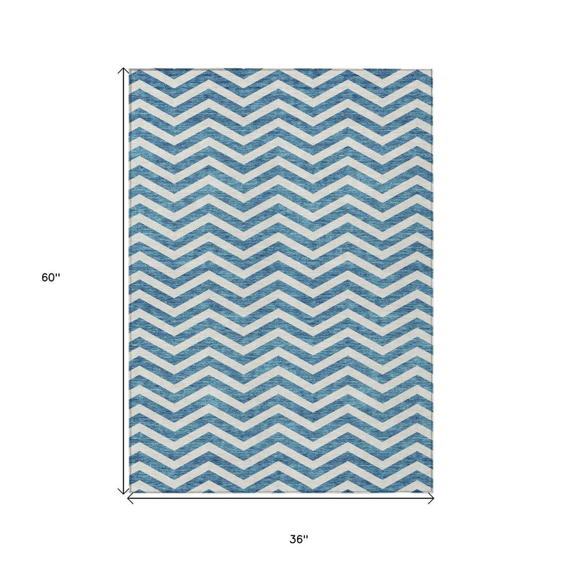 3' X 5' Teal Blue And Ivory Chevron Washable Indoor Outdoor Area Rug