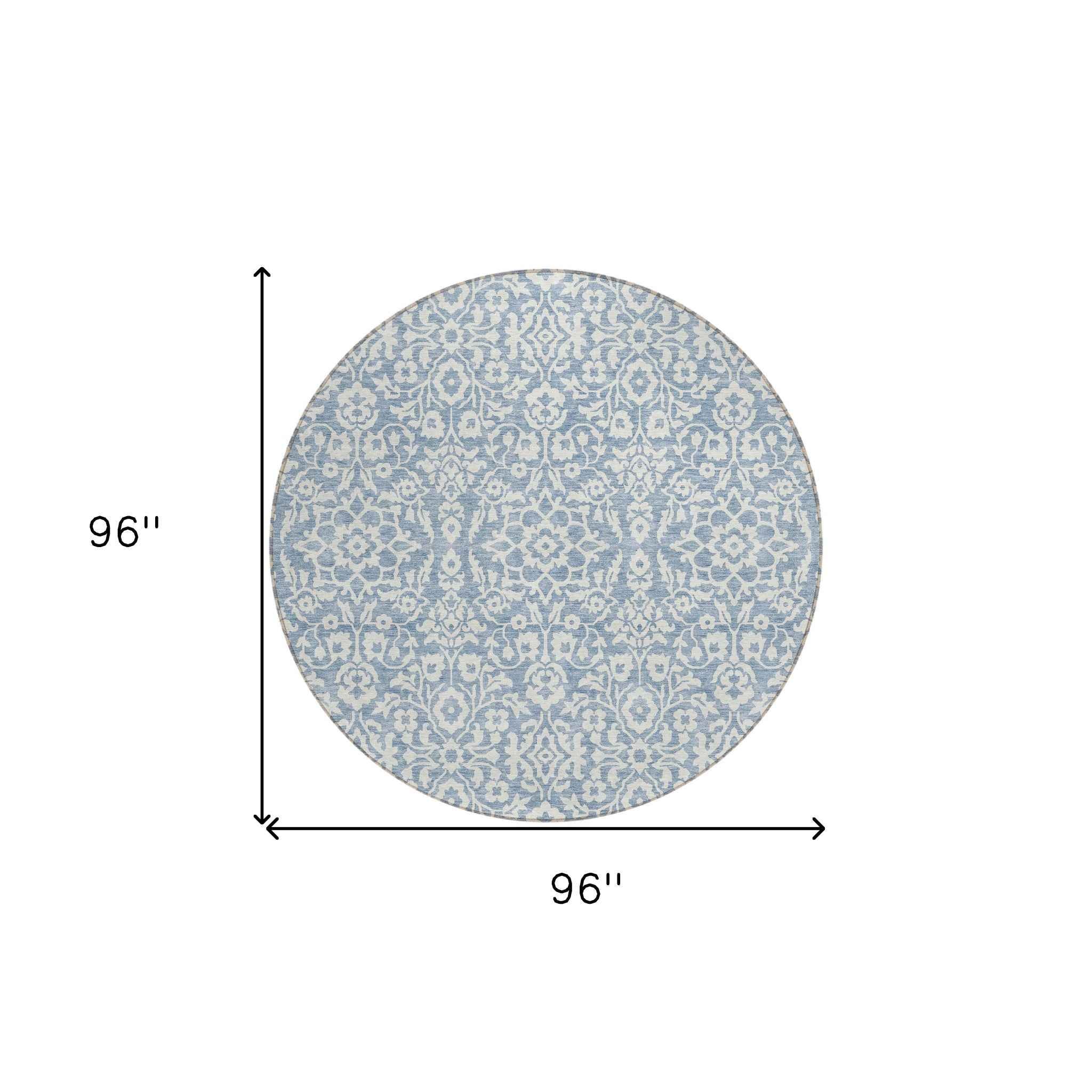 8' Denim Blue And Ivory Round Damask Washable Indoor Outdoor Area Rug