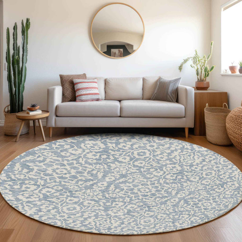 8' Denim Blue And Ivory Round Damask Washable Indoor Outdoor Area Rug