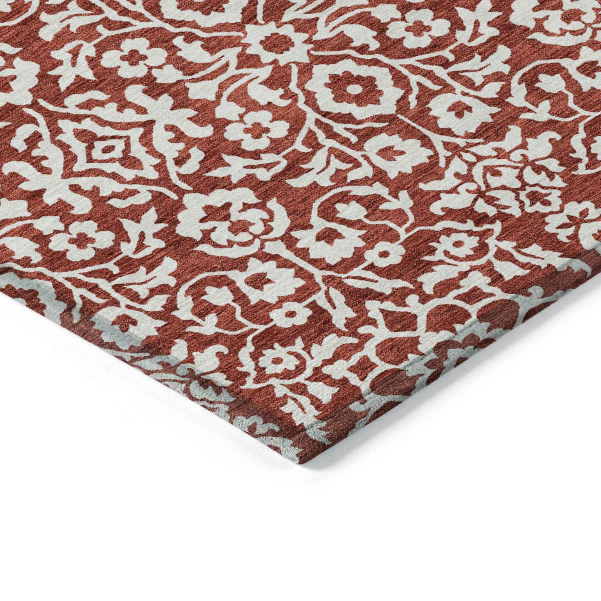 9' X 12' Red And Ivory Damask Washable Indoor Outdoor Area Rug