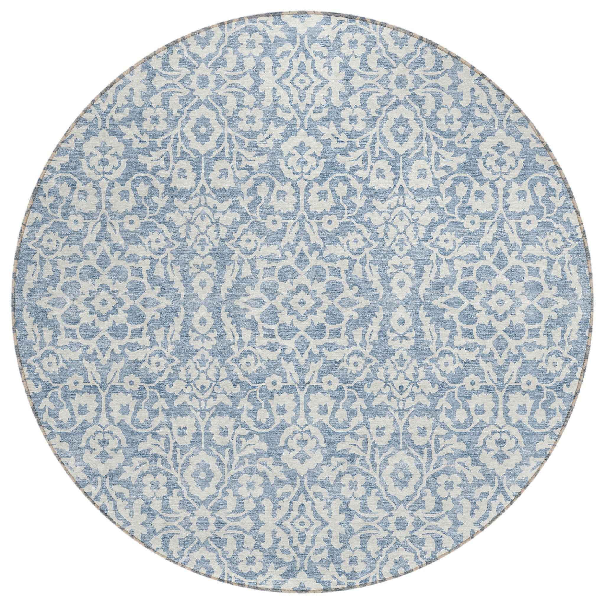 8' Denim Blue And Ivory Round Damask Washable Indoor Outdoor Area Rug