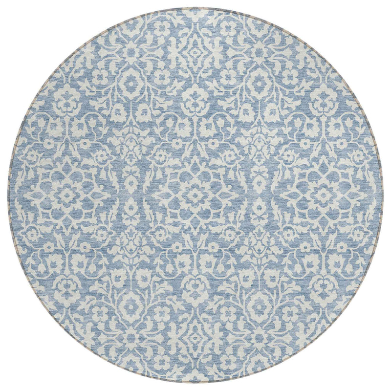 8' Denim Blue And Ivory Round Damask Washable Indoor Outdoor Area Rug