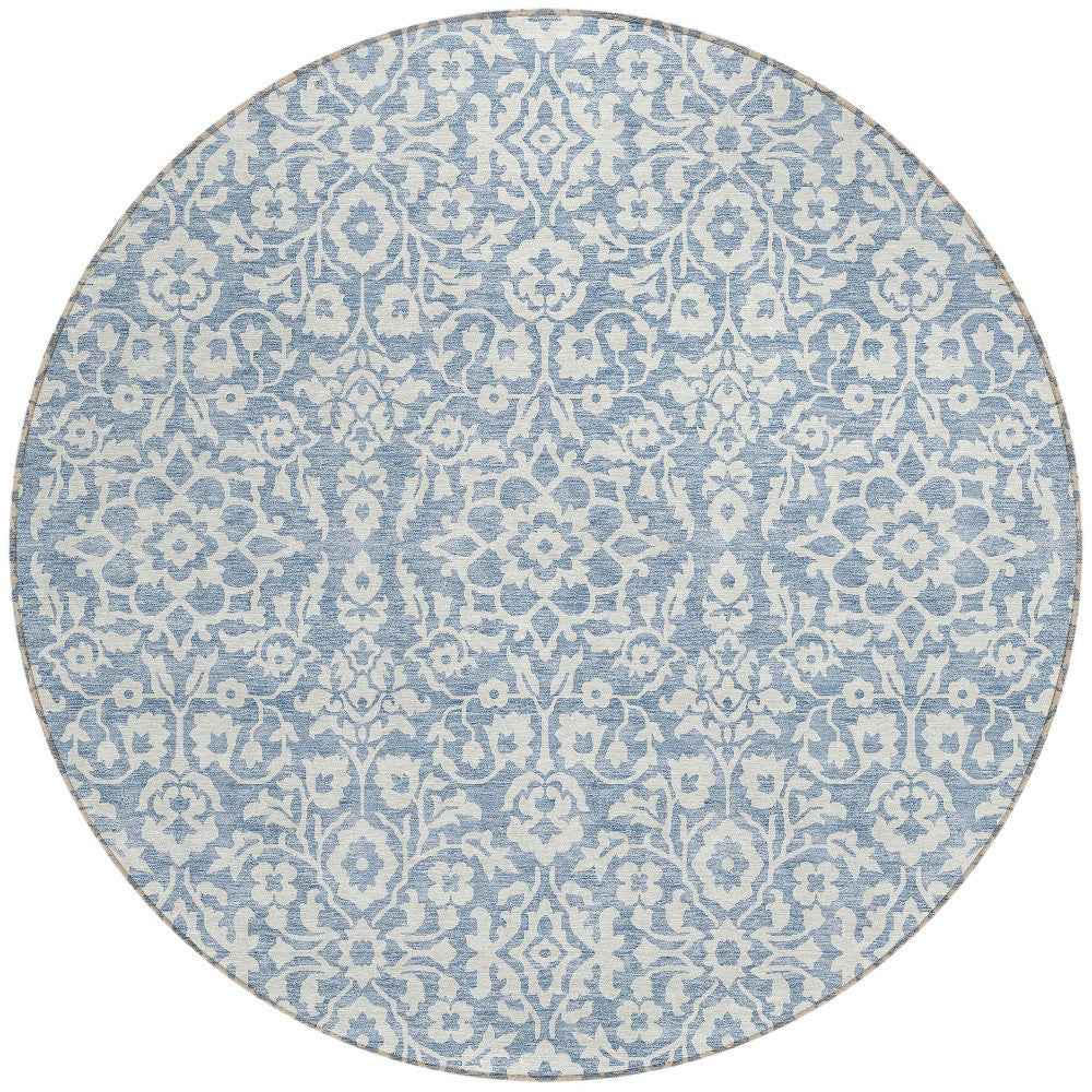 8' Denim Blue And Ivory Round Damask Washable Indoor Outdoor Area Rug