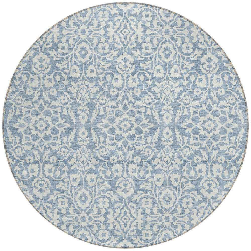 8' Denim Blue And Ivory Round Damask Washable Indoor Outdoor Area Rug