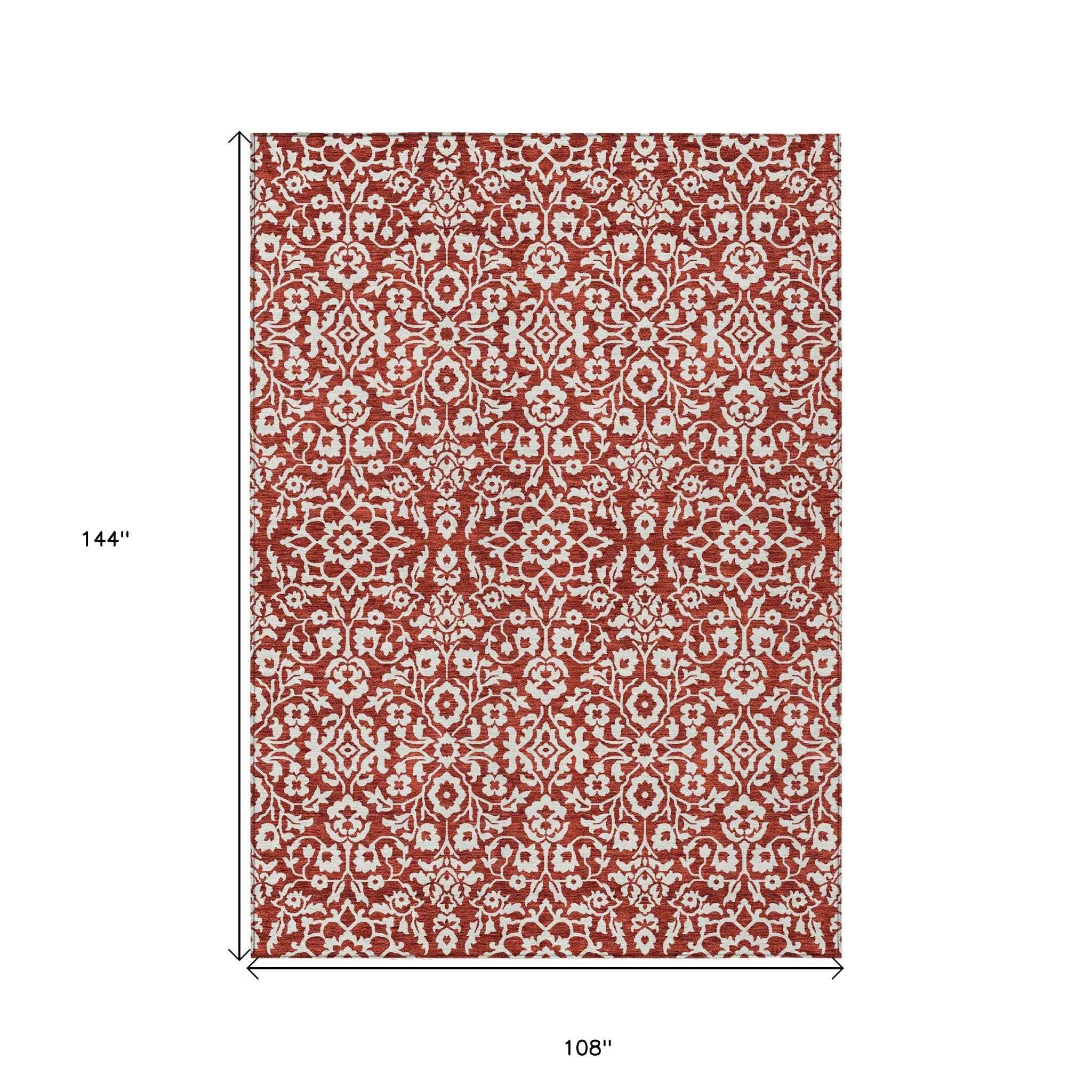 9' X 12' Red And Ivory Damask Washable Indoor Outdoor Area Rug