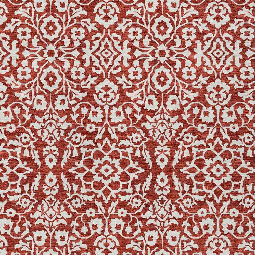 9' X 12' Red And Ivory Damask Washable Indoor Outdoor Area Rug