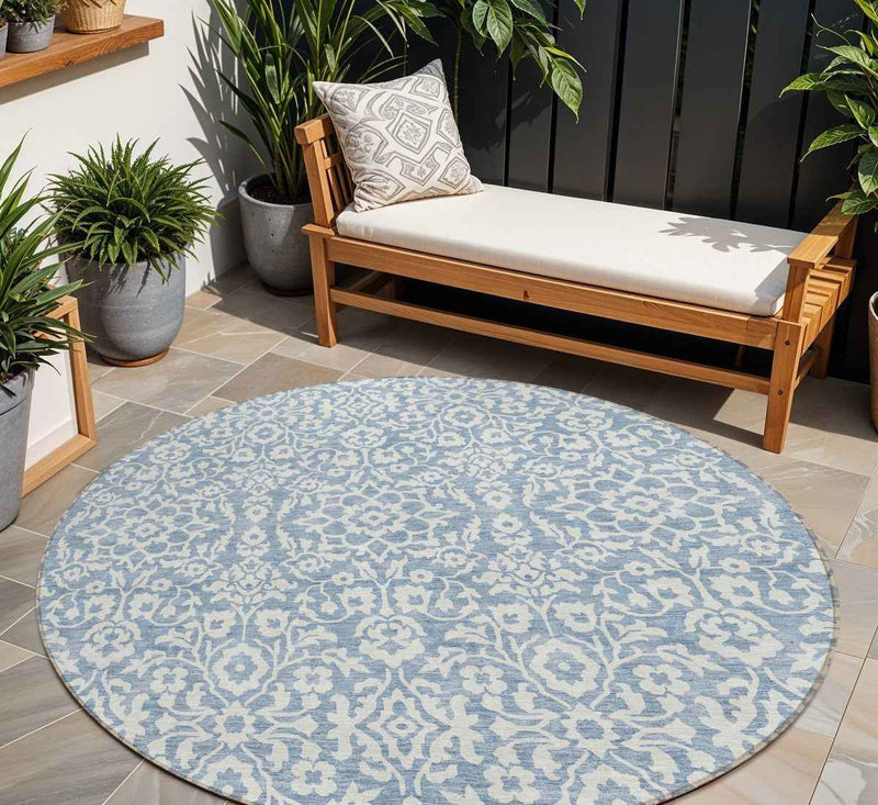 8' Denim Blue And Ivory Round Damask Washable Indoor Outdoor Area Rug