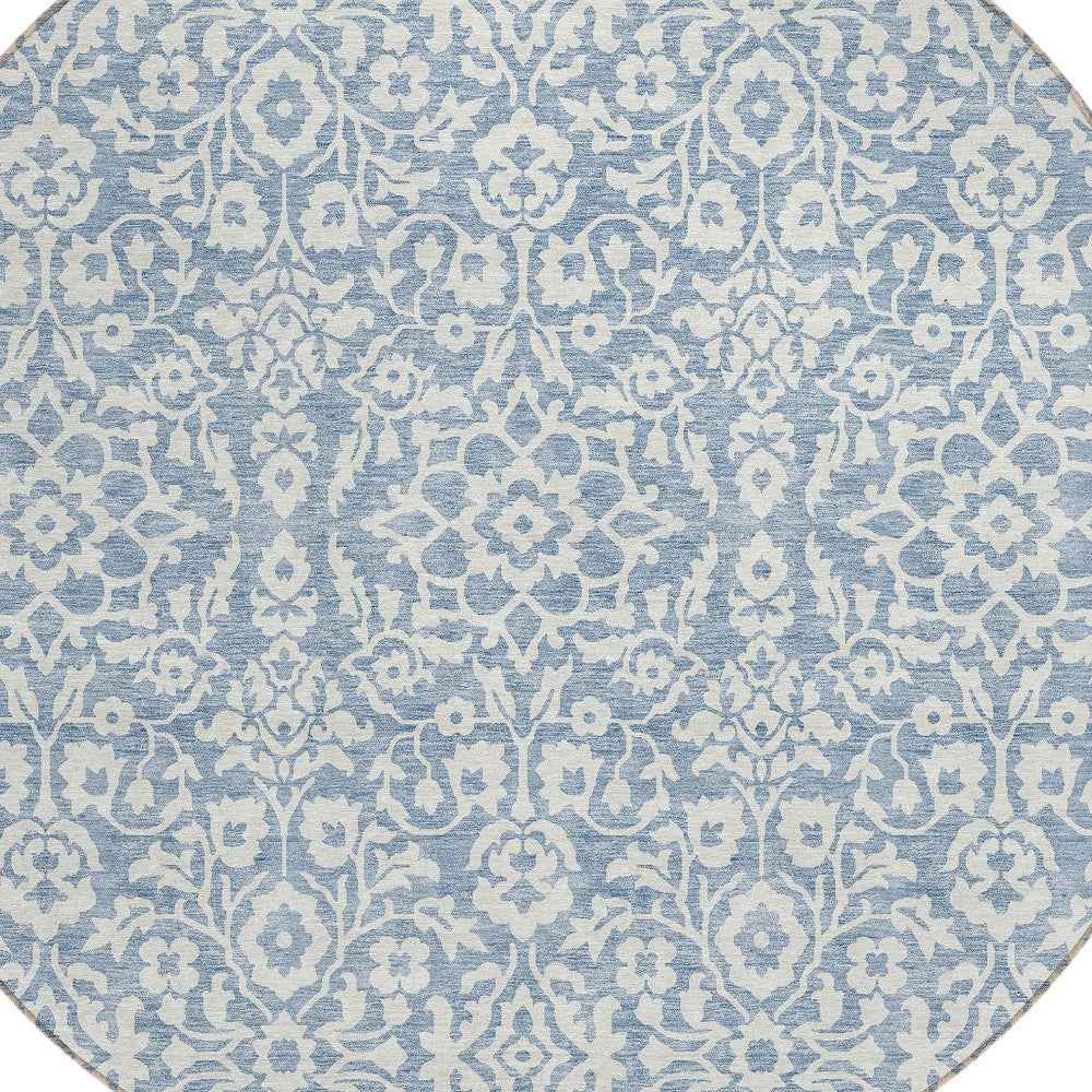 8' Denim Blue And Ivory Round Damask Washable Indoor Outdoor Area Rug