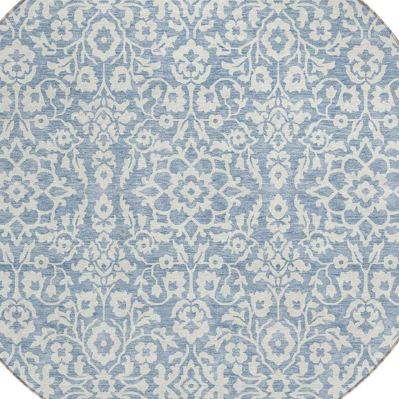 8' Denim Blue And Ivory Round Damask Washable Indoor Outdoor Area Rug