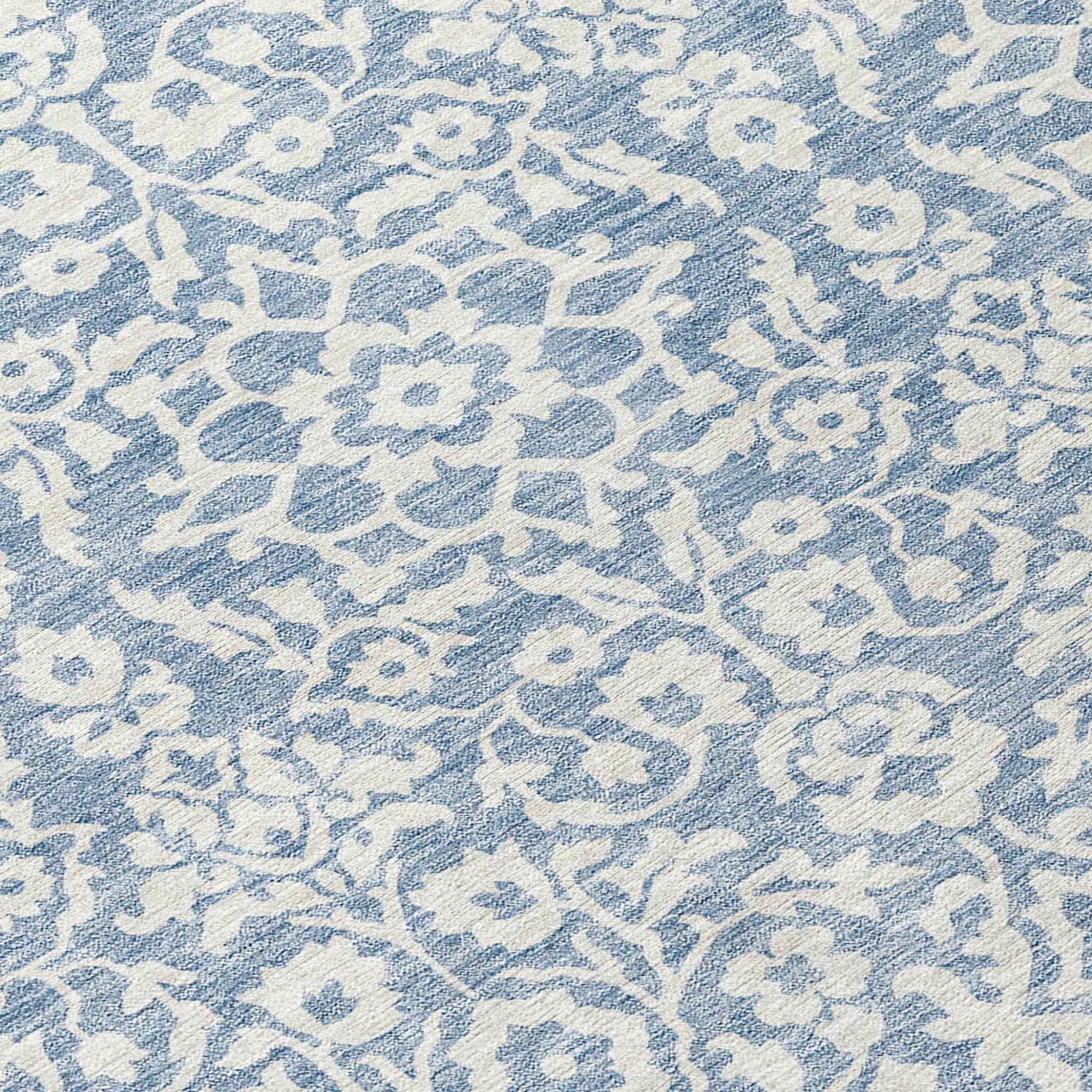 8' Denim Blue And Ivory Round Damask Washable Indoor Outdoor Area Rug
