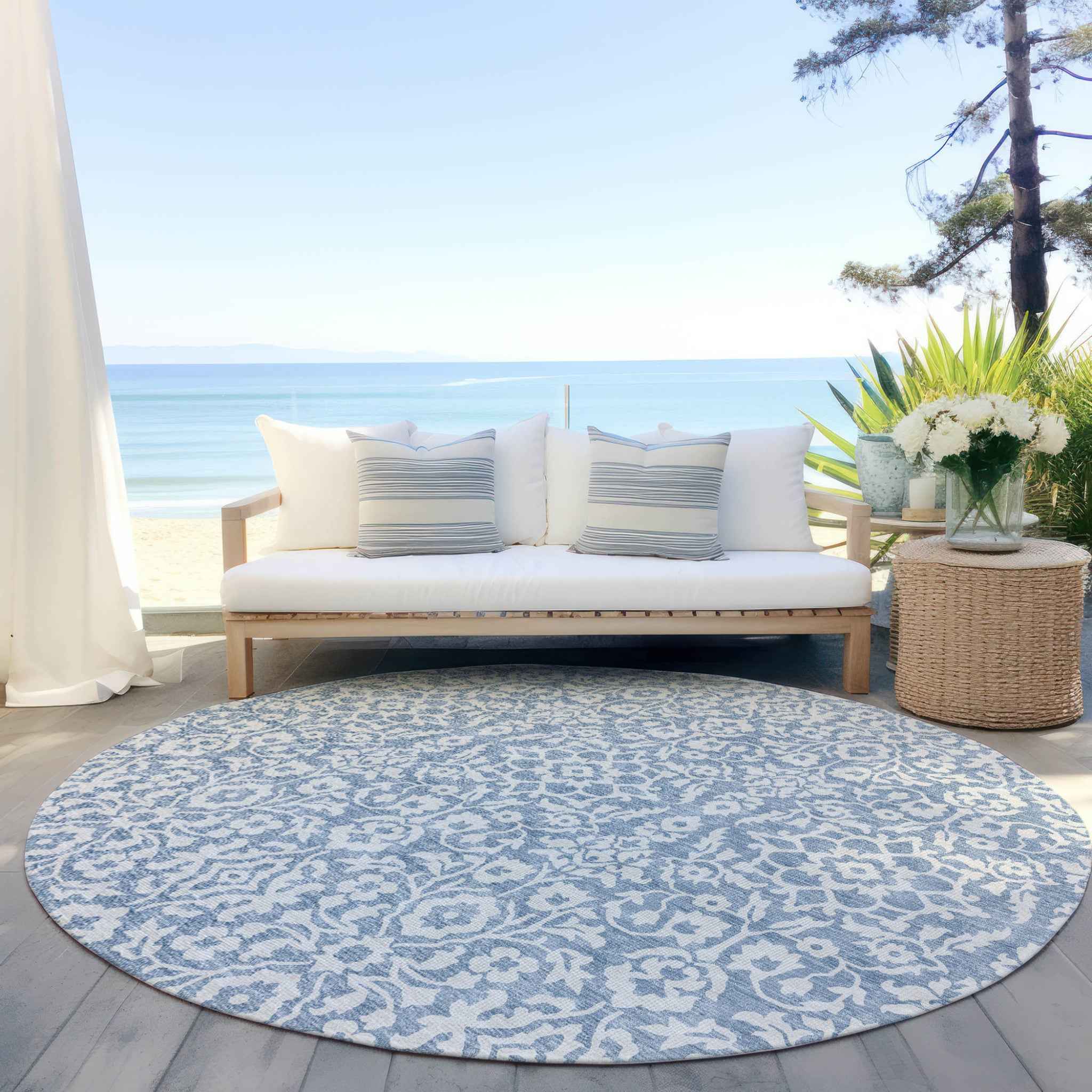 8' Denim Blue And Ivory Round Damask Washable Indoor Outdoor Area Rug