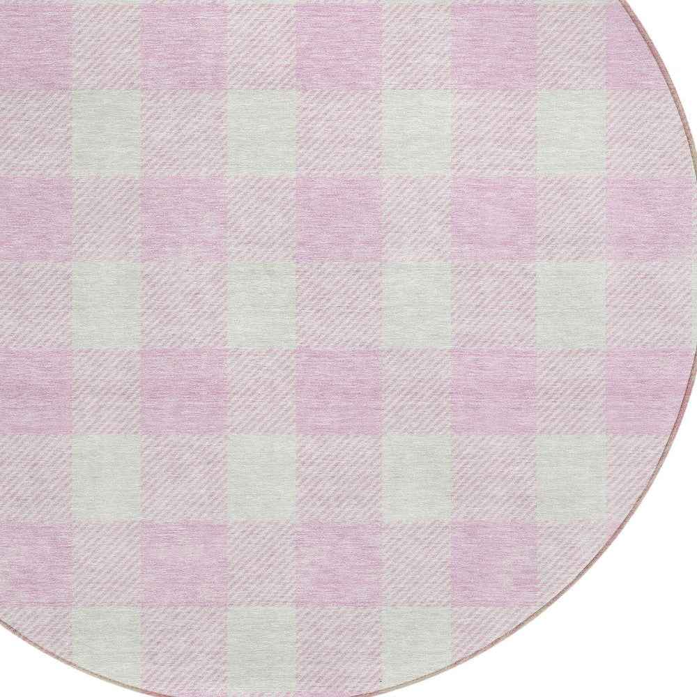 8' Pink And Gray Round Plaid Washable Indoor Outdoor Area Rug