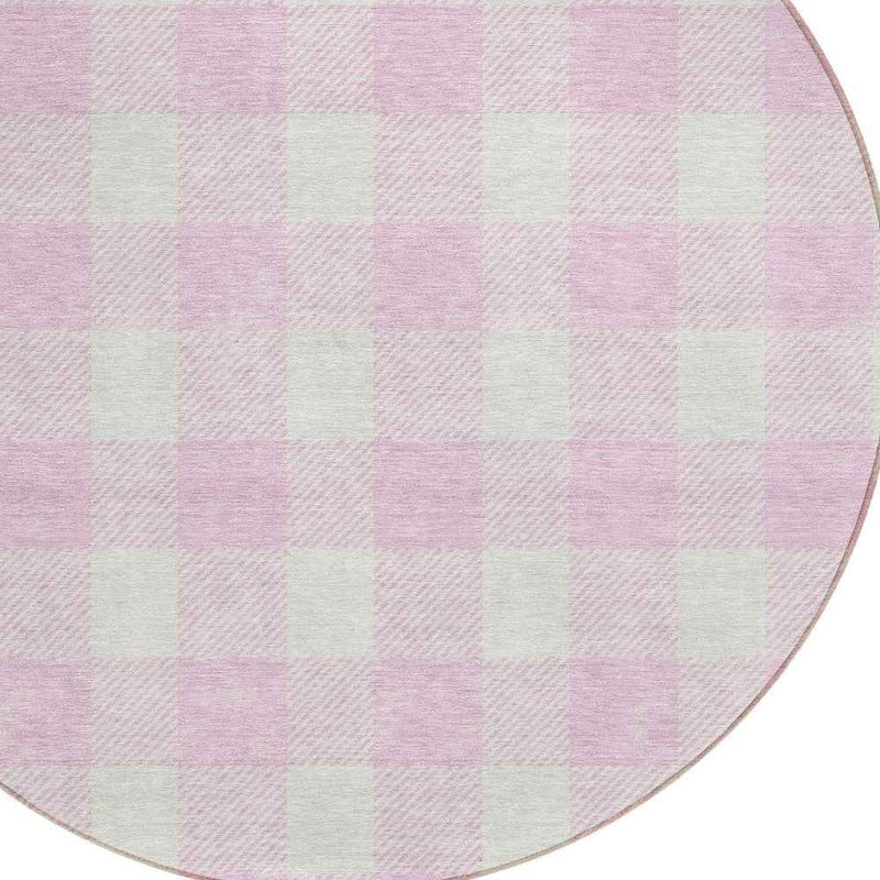 8' Pink And Gray Round Plaid Washable Indoor Outdoor Area Rug