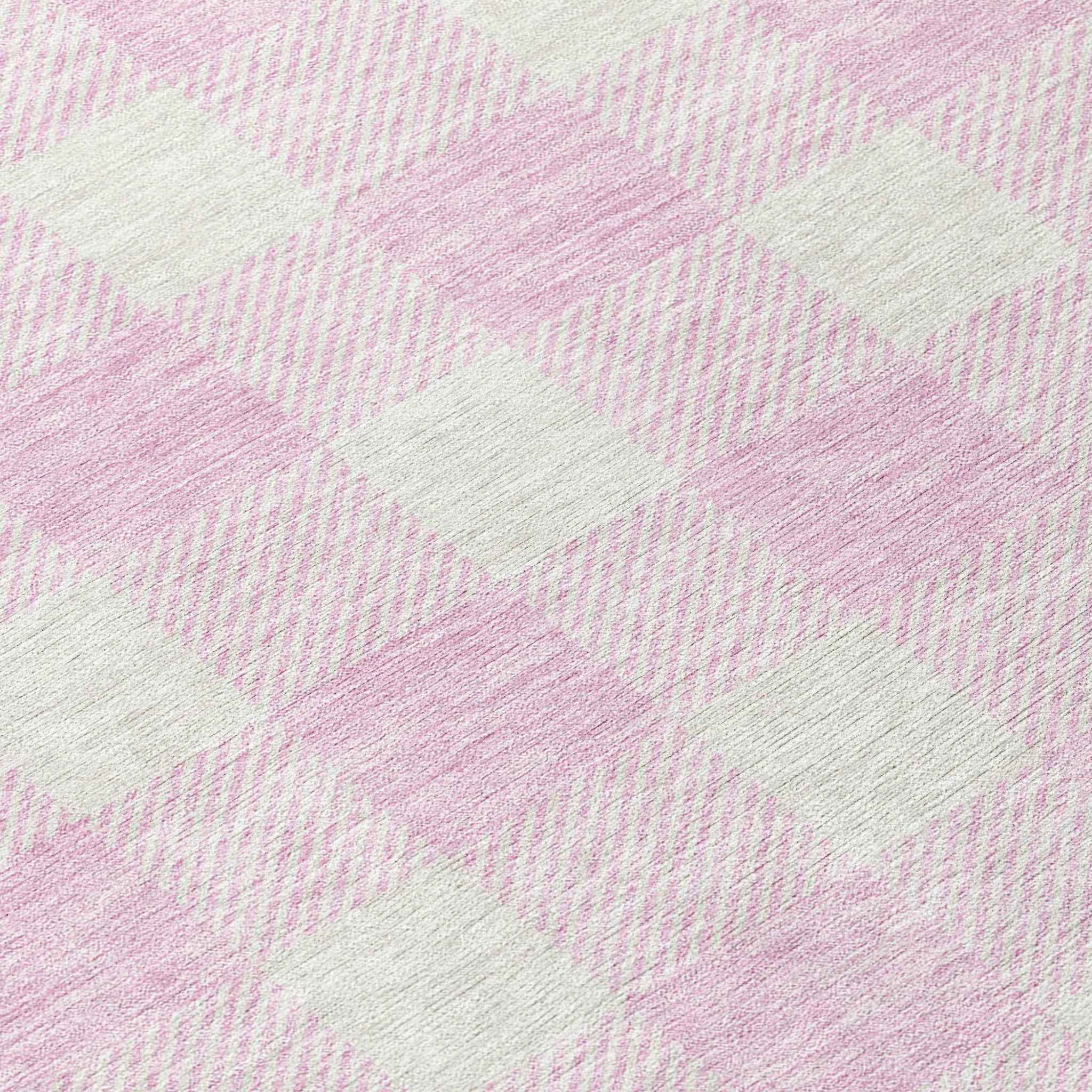 8' Pink And Gray Round Plaid Washable Indoor Outdoor Area Rug