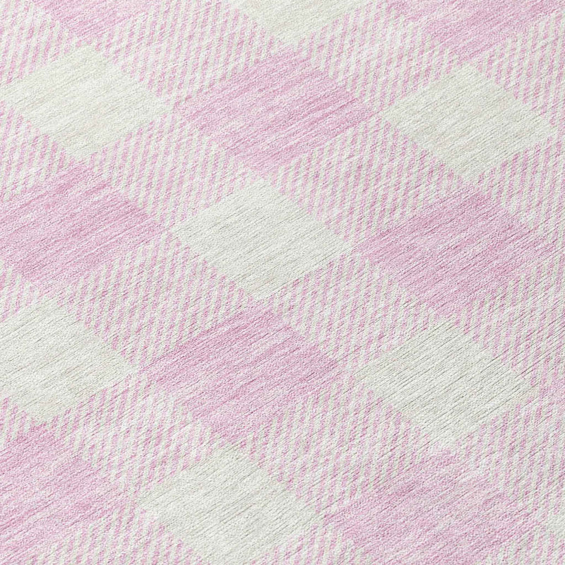 8' Pink And Gray Round Plaid Washable Indoor Outdoor Area Rug