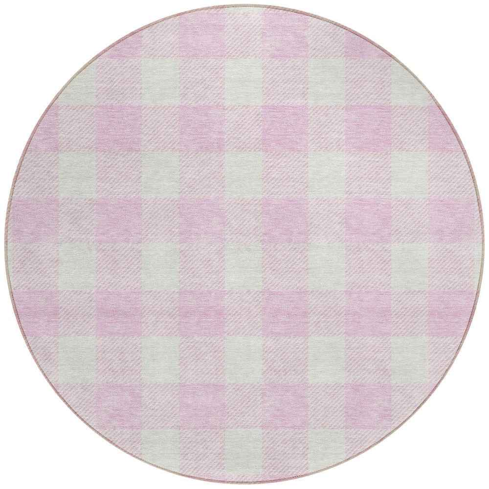 8' Pink And Gray Round Plaid Washable Indoor Outdoor Area Rug