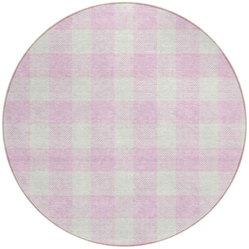 8' Pink And Gray Round Plaid Washable Indoor Outdoor Area Rug