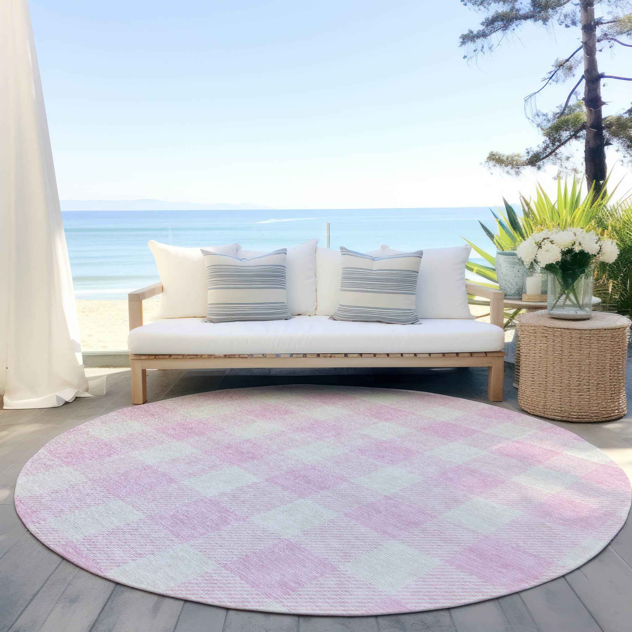 8' Pink And Gray Round Plaid Washable Indoor Outdoor Area Rug
