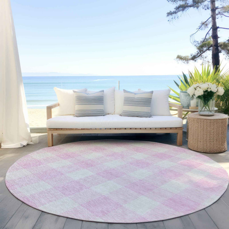 8' Pink And Gray Round Plaid Washable Indoor Outdoor Area Rug