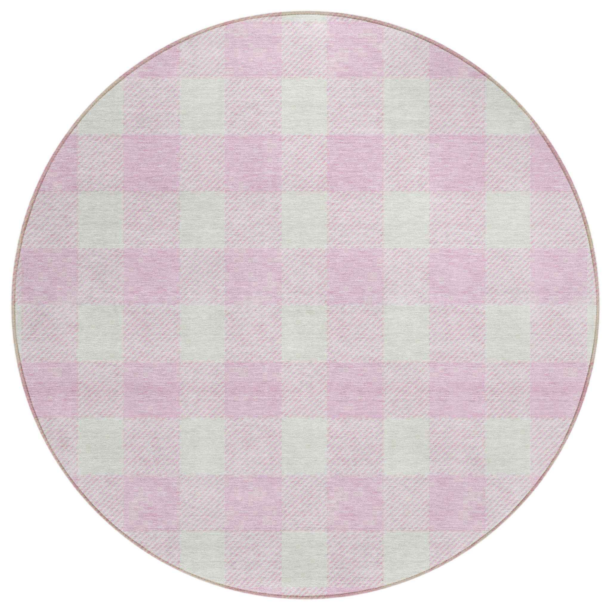 8' Pink And Gray Round Plaid Washable Indoor Outdoor Area Rug