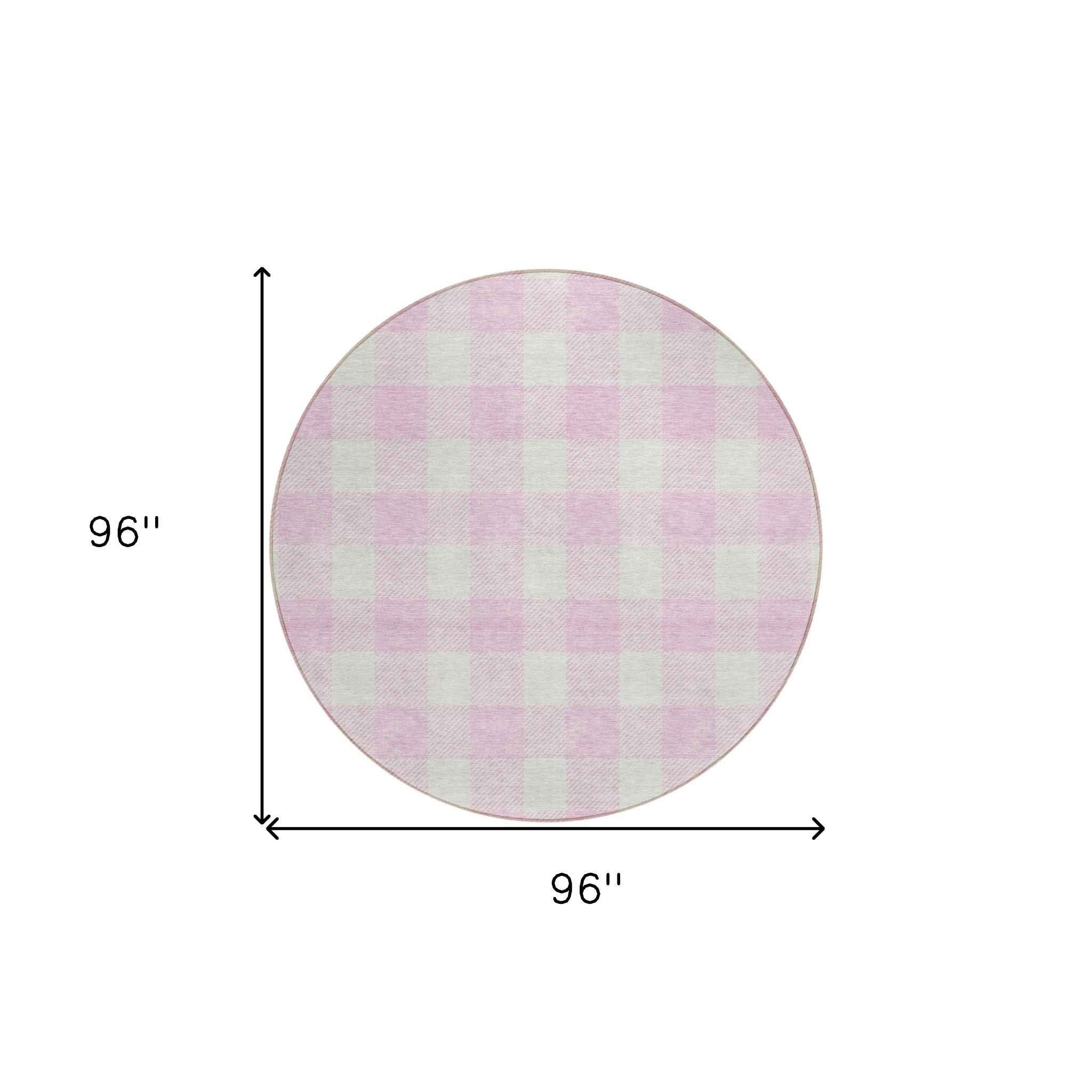 8' Pink And Gray Round Plaid Washable Indoor Outdoor Area Rug