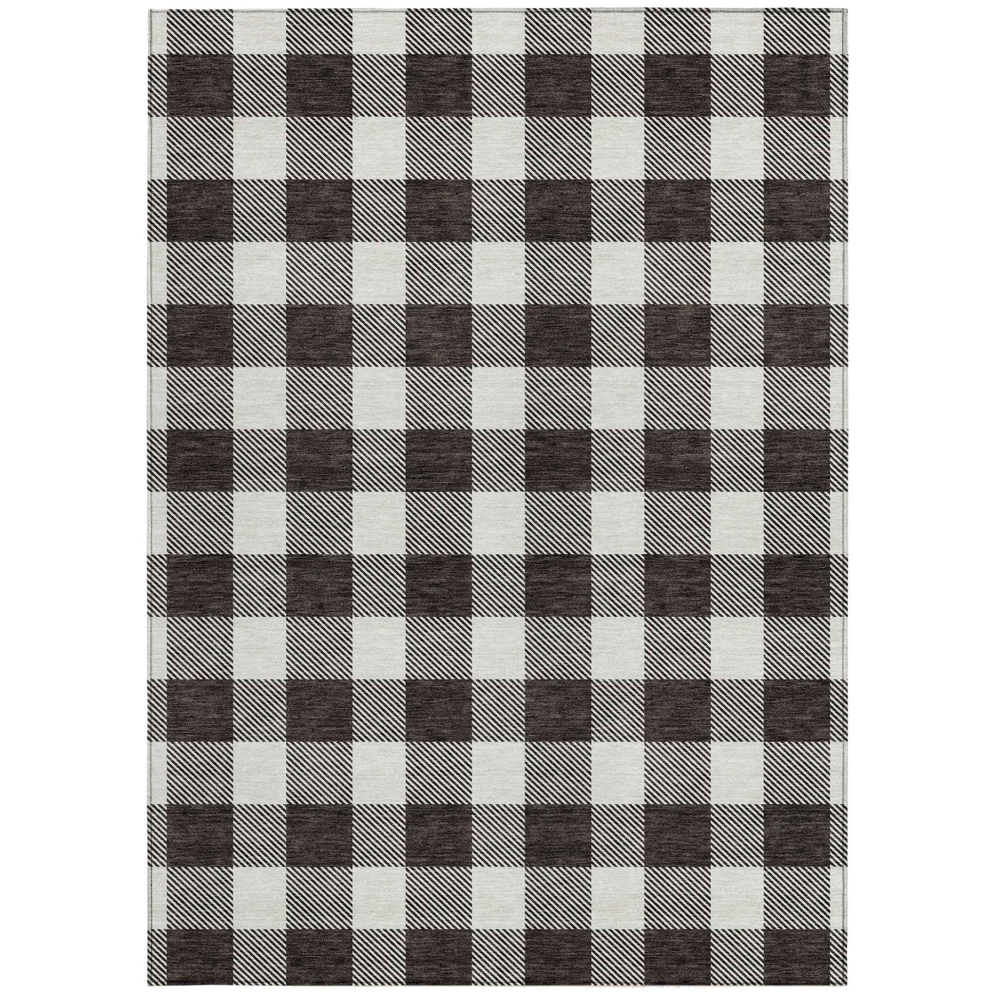 9' X 12' Black And Gray Plaid Washable Indoor Outdoor Area Rug
