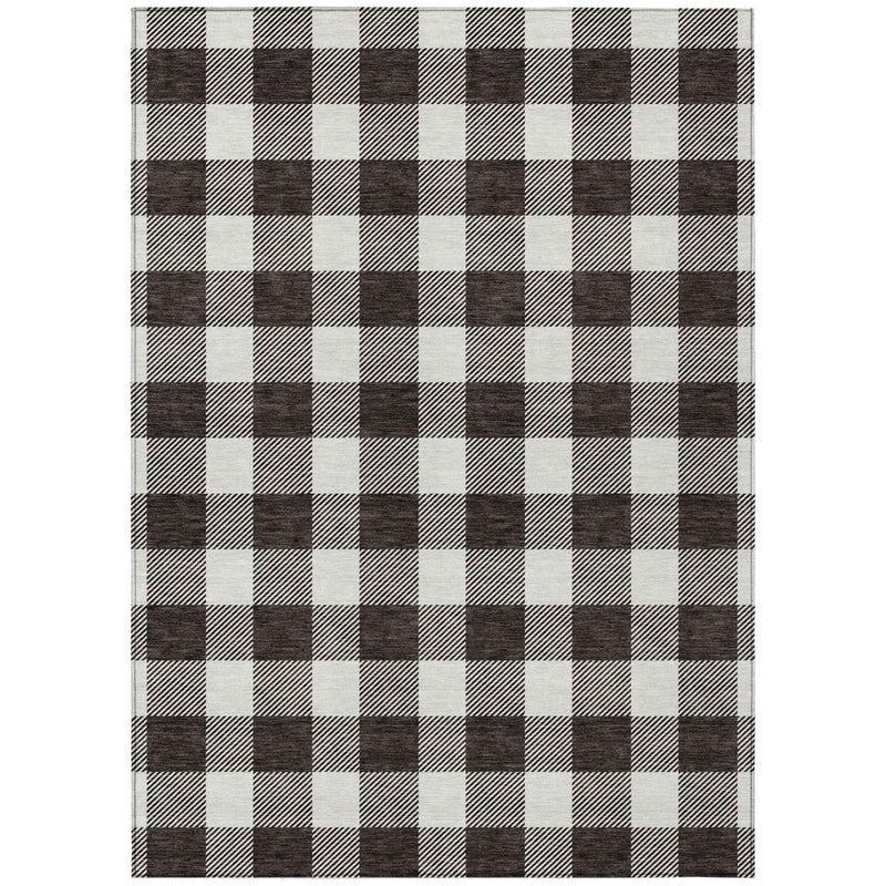 9' X 12' Black And Gray Plaid Washable Indoor Outdoor Area Rug