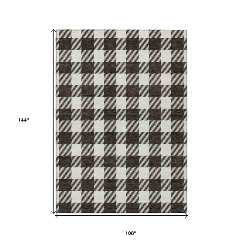 9' X 12' Black And Gray Plaid Washable Indoor Outdoor Area Rug