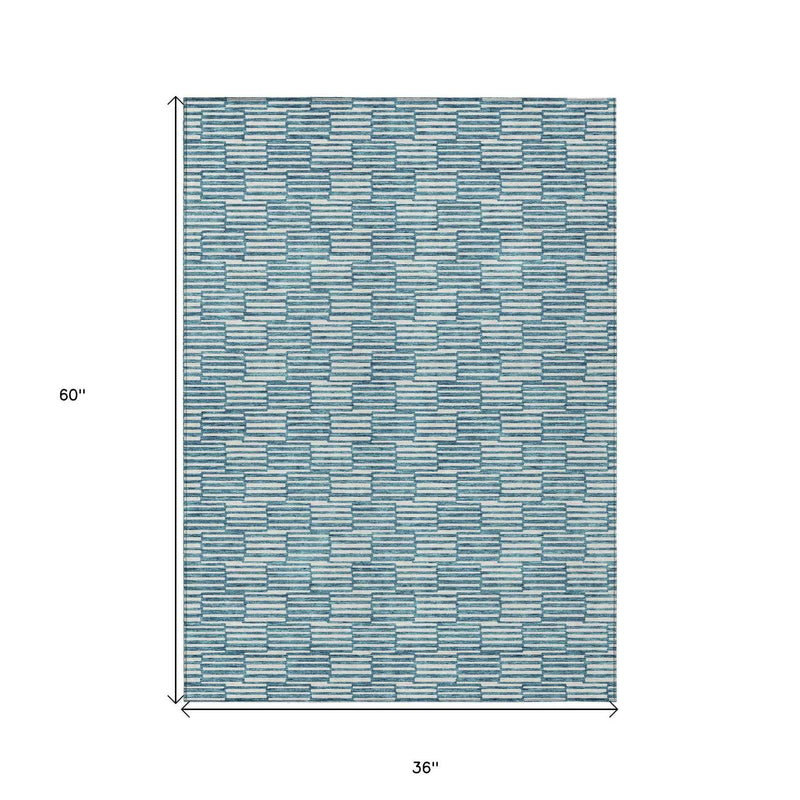 3' X 5' Teal Blue And Ivory Geometric Washable Indoor Outdoor Area Rug