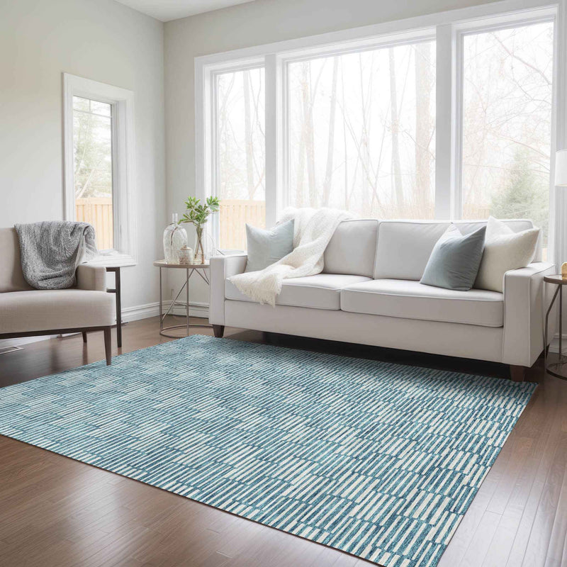 3' X 5' Teal Blue And Ivory Geometric Washable Indoor Outdoor Area Rug