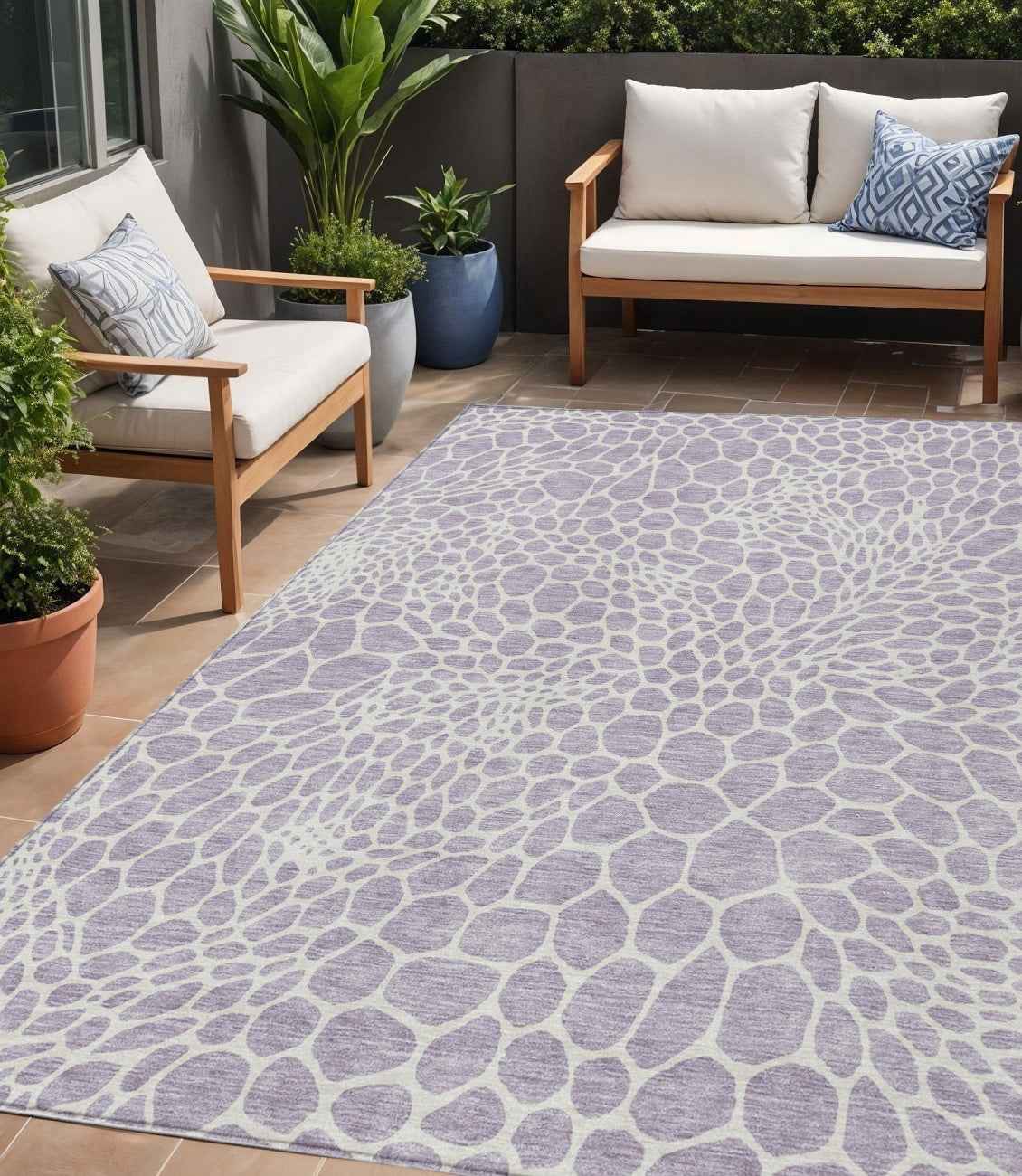 5' X 8' Lilac And Ivory Geometric Washable Indoor Outdoor Area Rug