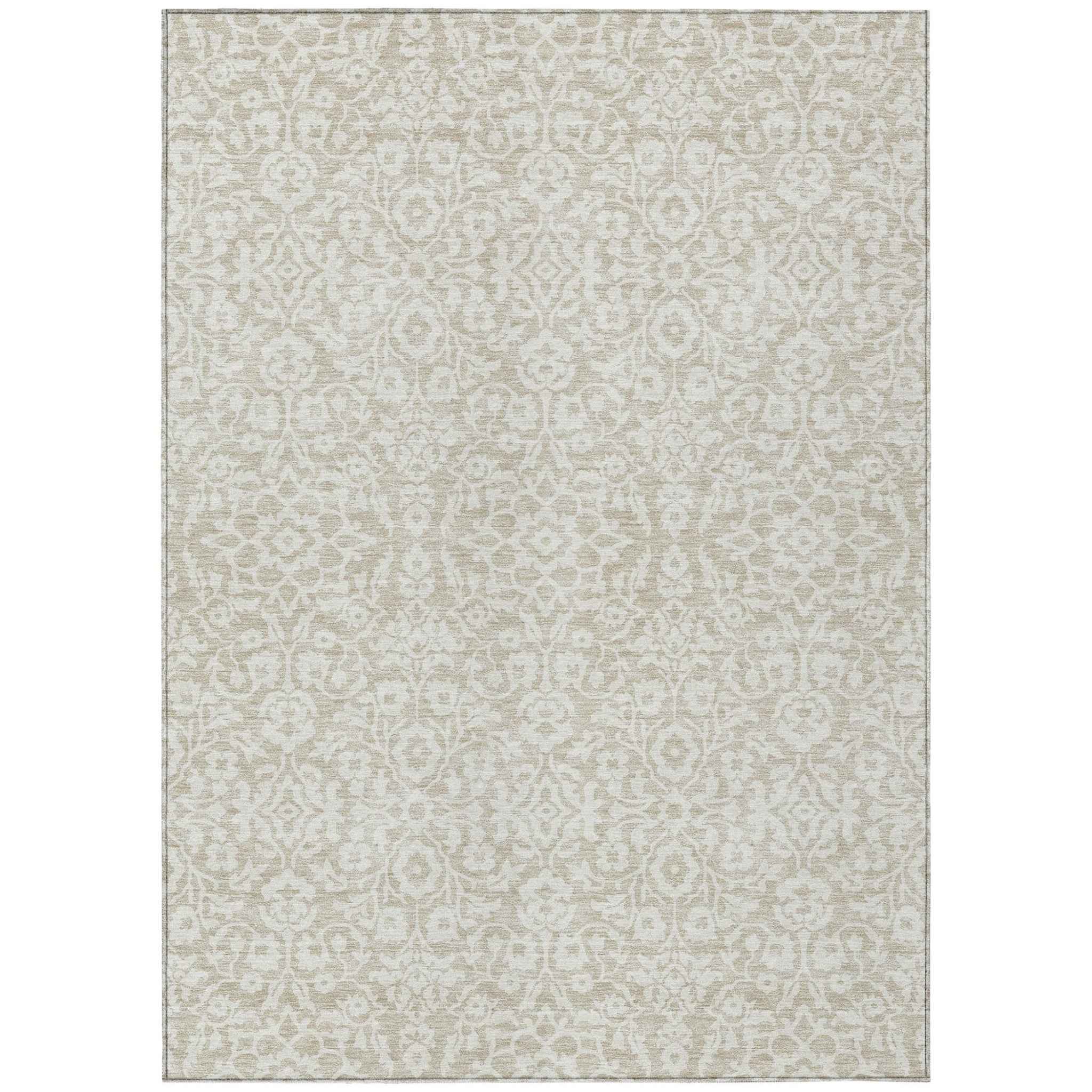 8' X 10' Beige And Ivory Damask Washable Indoor Outdoor Area Rug
