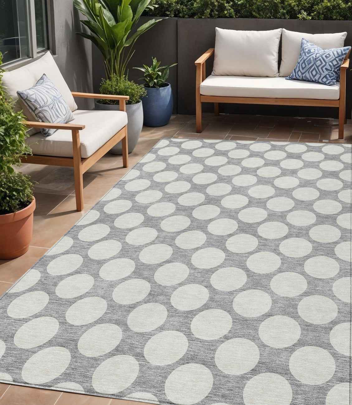 5' X 8' Gray And Silver Polka Dot Washable Indoor Outdoor Area Rug