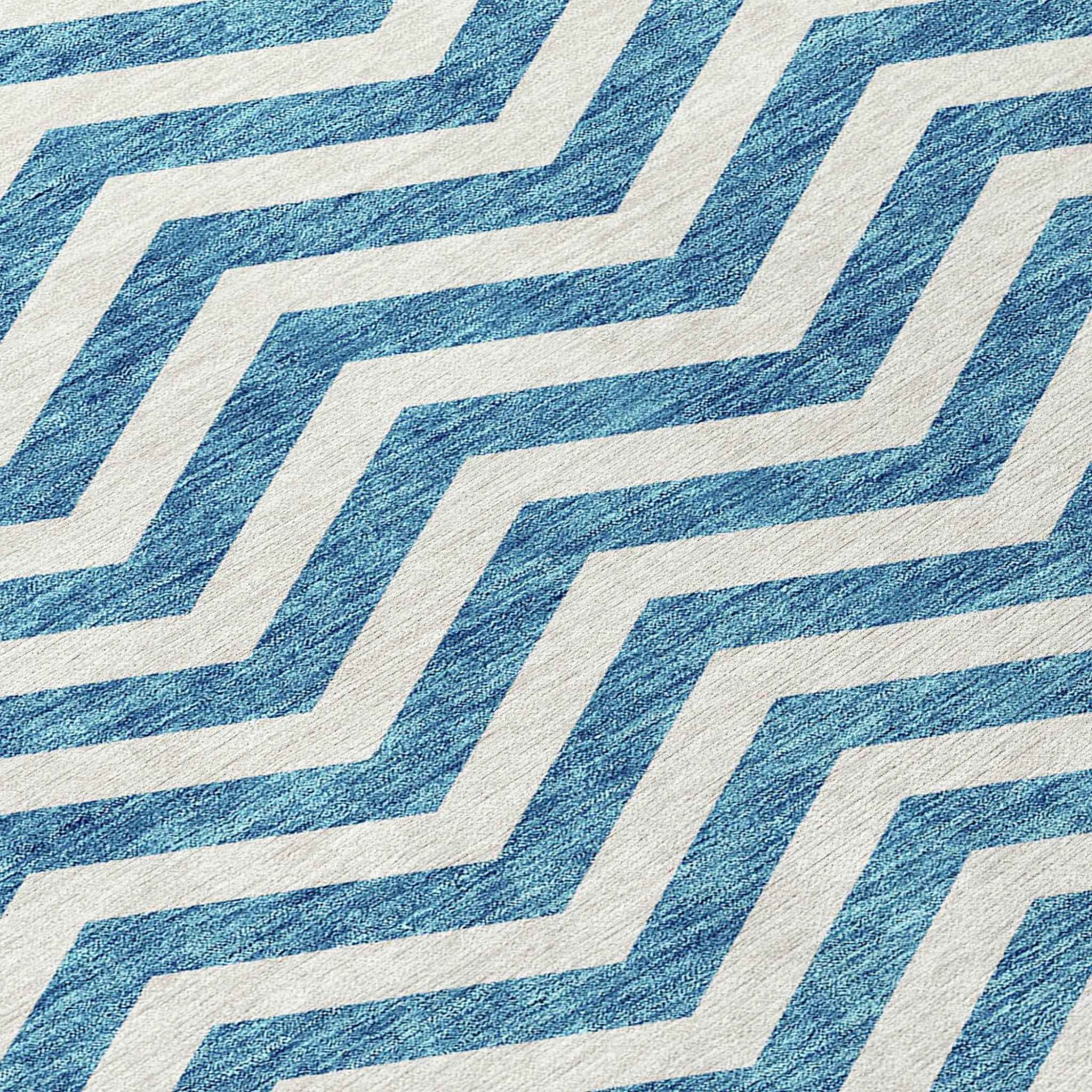 5' X 8' Teal Blue And Ivory Chevron Washable Indoor Outdoor Area Rug