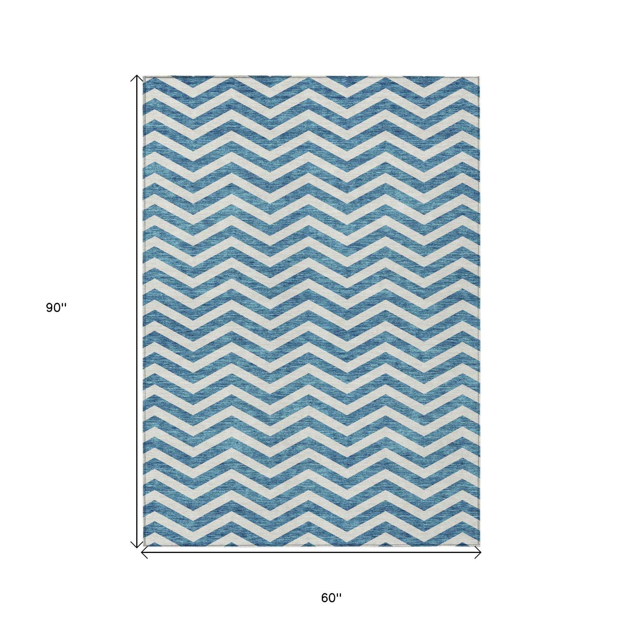 5' X 8' Teal Blue And Ivory Chevron Washable Indoor Outdoor Area Rug