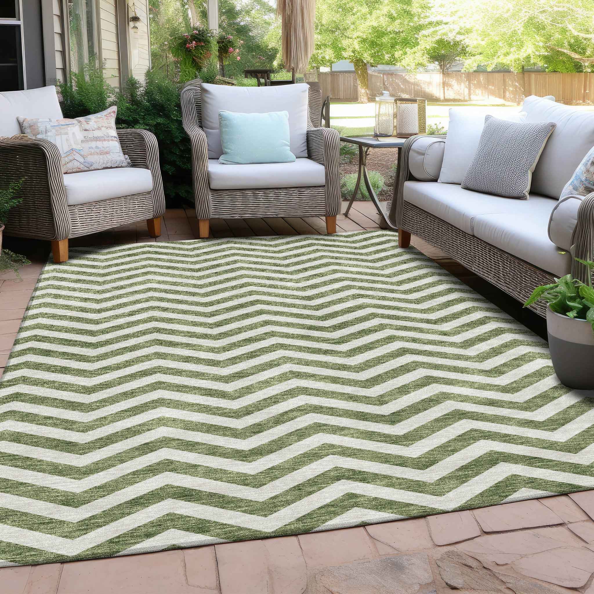 9' X 12' Green And Ivory Chevron Washable Indoor Outdoor Area Rug