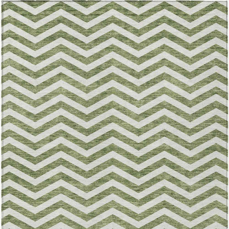 9' X 12' Green And Ivory Chevron Washable Indoor Outdoor Area Rug