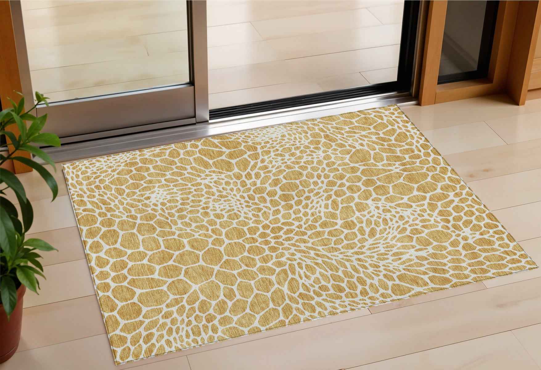 3' X 5' Gold And Ivory Geometric Washable Indoor Outdoor Area Rug
